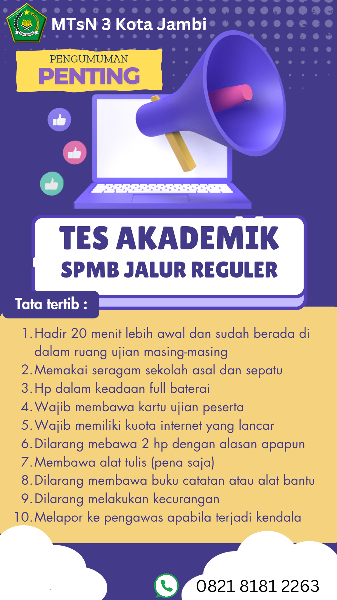 PENGUMUMAN TES AKADEMIK CBT SPMB MTsN 3 KOTA JAMBI