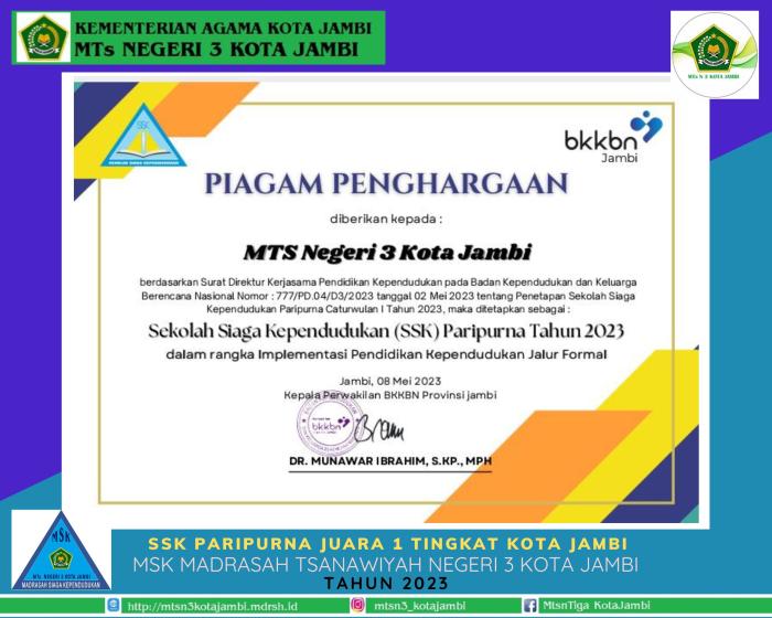 SEKOLAH SIAGA KEPENDUDUKAN PARIPURNA TAHUN 2023 MSK MTs NEGERI 3 KOTA JAMBI