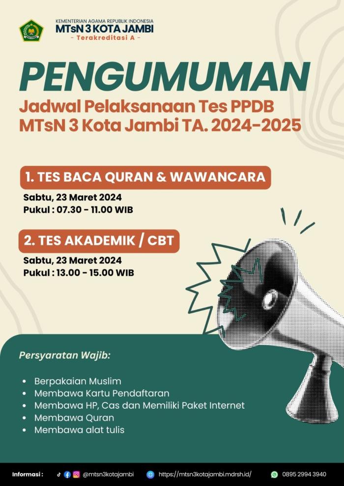 Penting! Pelaksanaan Tes PPDB jalur Reguler TA. 2024-2025