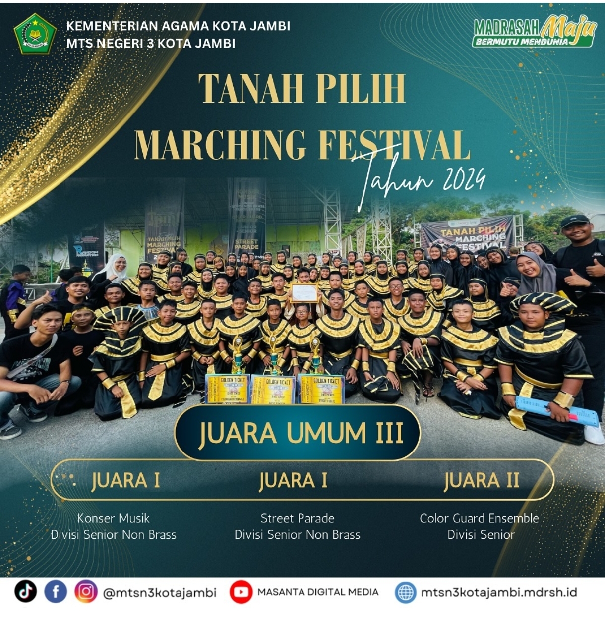 SUPER KEREN!!! DRUMBAND GBTM MTS N 3 KOTA JAMBI RAIH JUARA UMUM LOMBA SIGINJEI MARCHING ART DAN TANAH PILIH MARCHING FESTIVAL 2024
