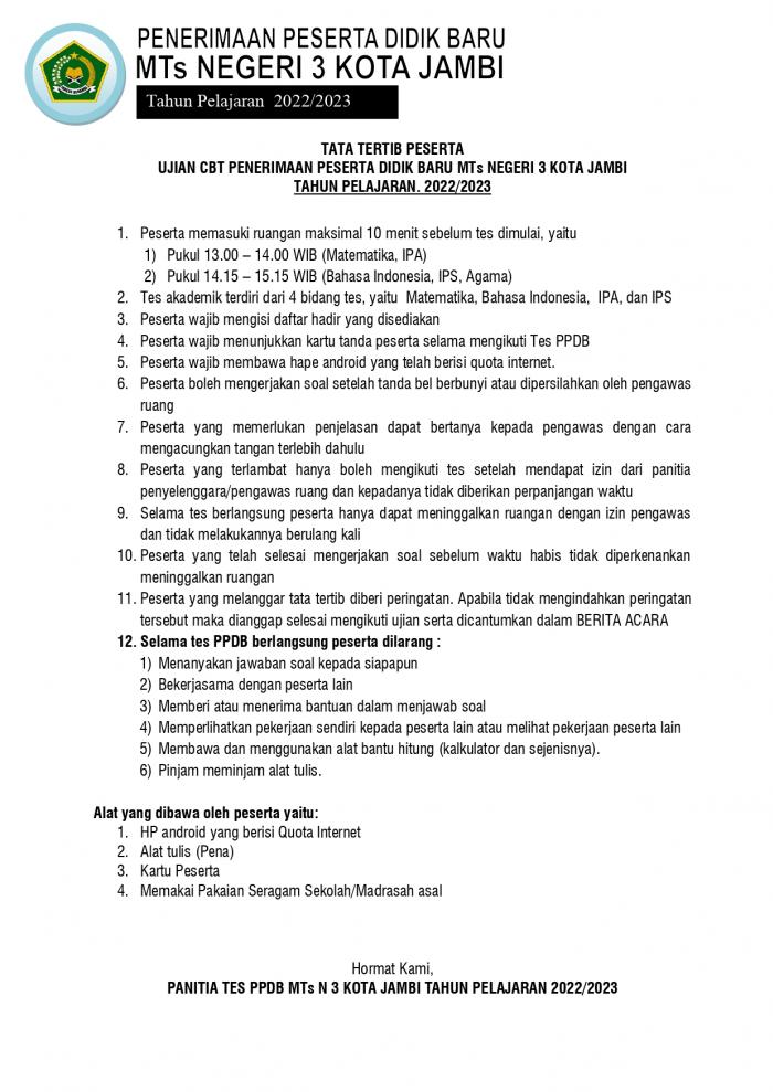 TATA TERTIB PESERTA UJIAN CBT PENERIMAAN PESERTA DIDIK BARU MTs NEGERI 3 KOTA JAMBI TAHUN PELAJARAN. 2022/2023