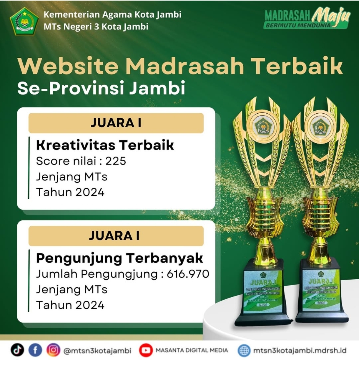 Nggak Nyangka! Website MTs N 3 Kota Jambi Raih 2 Penghargaan Terbaik 1 Tingkat Provinsi